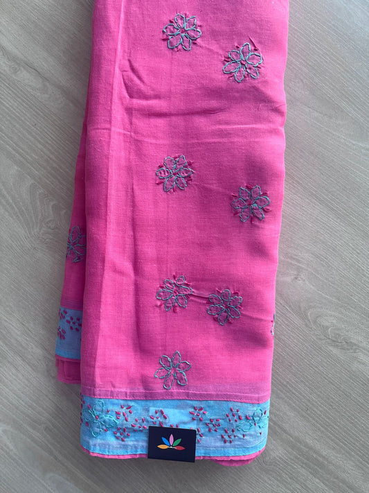 Contrast Border Hand Embroidered  Voile Cotton Saree - 28308