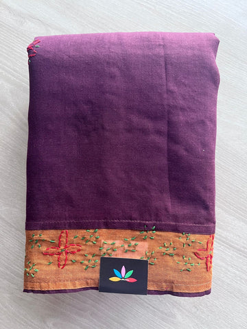 Contrast Border Hand Embroidered  Voile Cotton Saree - 28309