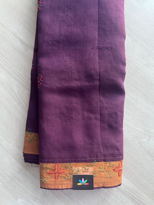 Contrast Border Hand Embroidered  Voile Cotton Saree - 28309