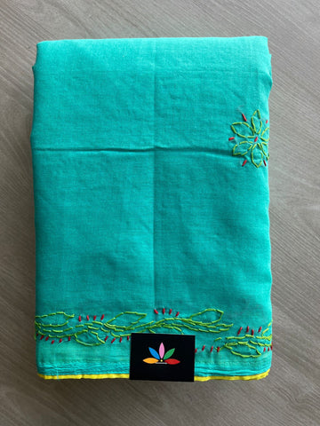 Aqua Blue Hand Embroidered Voile Cotton Saree - 28326