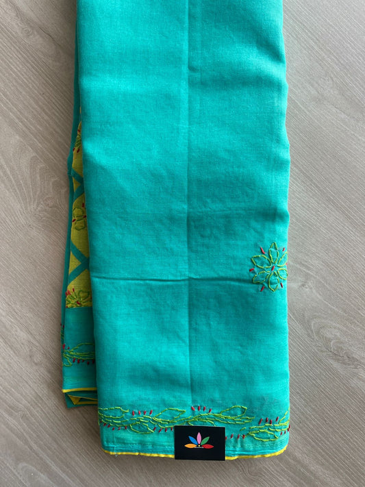 Aqua Blue Hand Embroidered Voile Cotton Saree - 28326