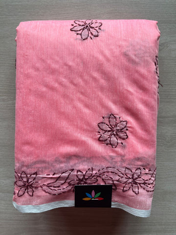 Salmon Pink Chikankari  Chanderi  Cotton Silk Saree - 28924