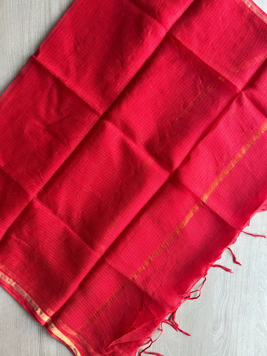 DUPPATA: Bright Red Plain Kota Duppata with Zari - 33110