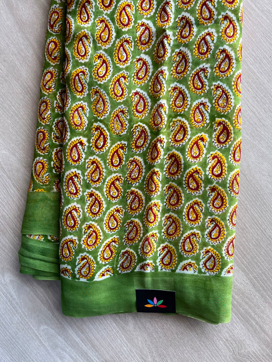 Bud Green Handblock Printed Georgette Saree - 35223