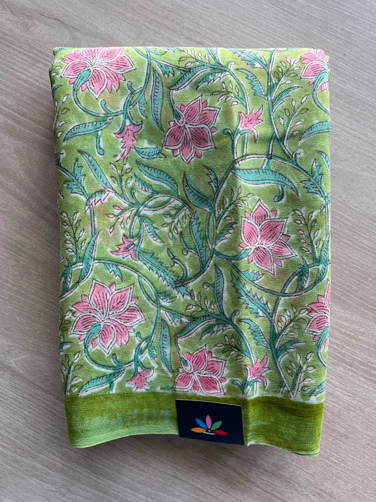Leaf Green Hand block Printed Georgette Saree - 35225