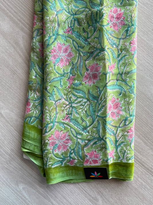Leaf Green Hand block Printed Georgette Saree - 35225