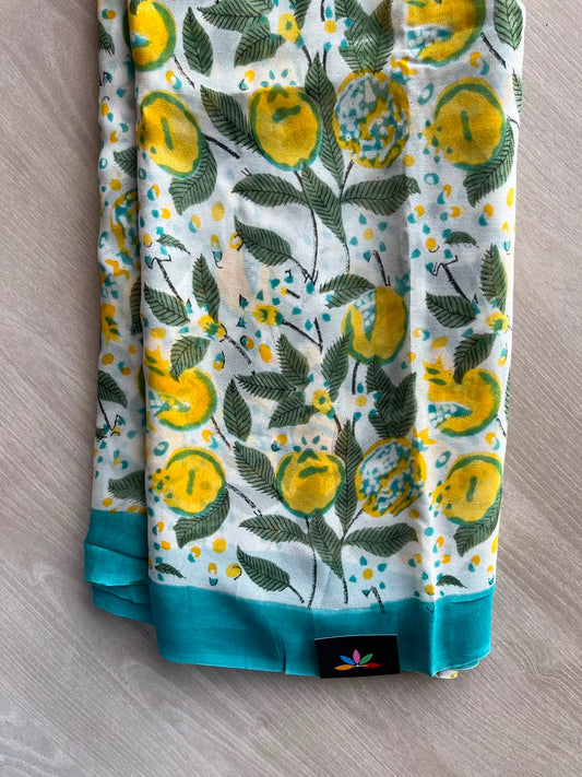 Off-White Hand block Printed Georgette Saree - 35226-35227