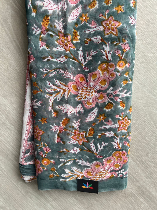 Grayish Turquoise Handblock Printed Georgette Saree - 32004_32005