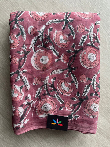 Turkish Rose Handblock Printed Georgette Saree - 32012_32013