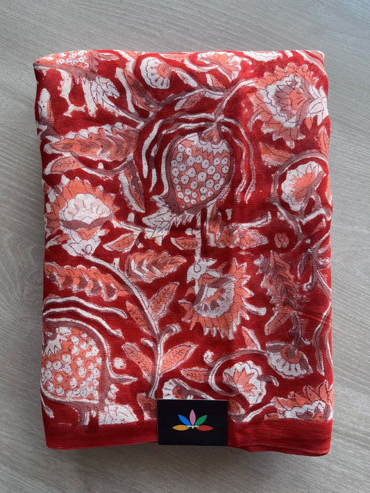 Crimson Red Handblock Printed Georgette Saree - 32095