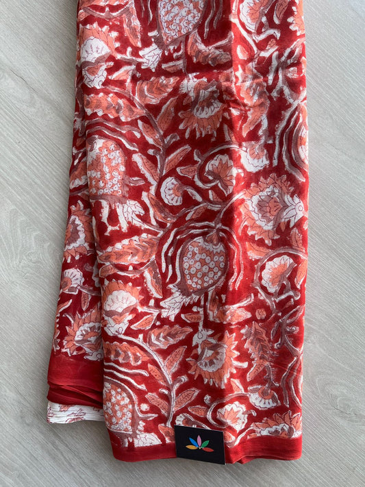 Crimson Red Handblock Printed Georgette Saree - 32095