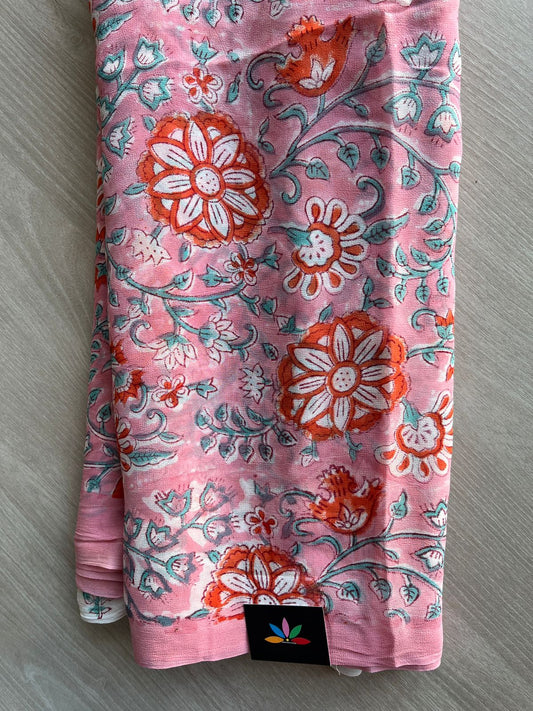 Baby Pink Handblock Printed Georgette Saree - 32097_32098