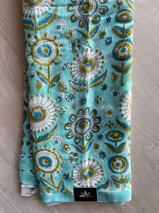 Aquamarine Blue Handblock Printed Georgette Saree - 32099_32100