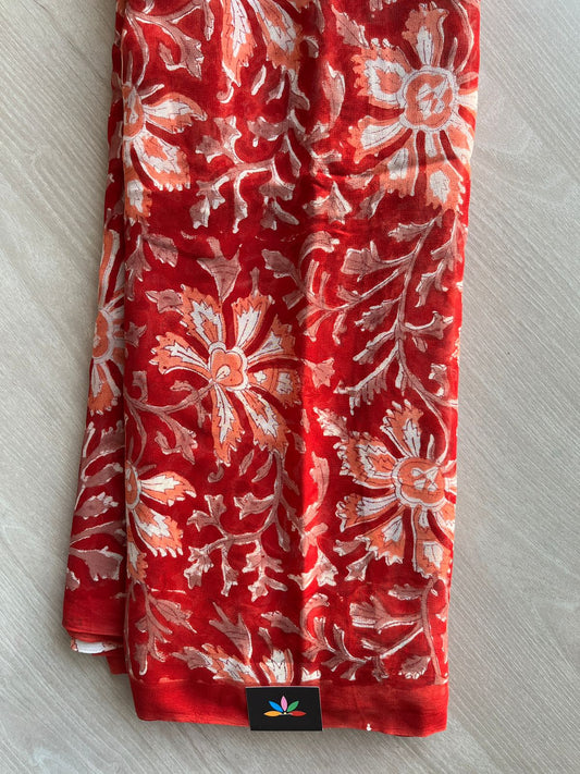 Flame Scarlet Shade Handblock Printed Georgette Saree - 32101_32102