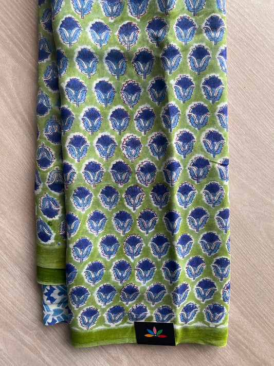 Dark Moss Green Handblock Printed Georgette Saree - 33308-33309