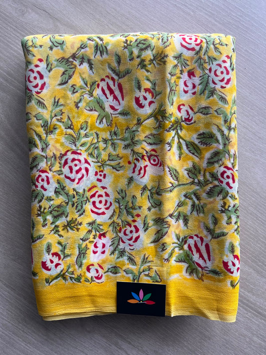 Bright Yellow Handblock Printed Georgette Saree - 33310-33311