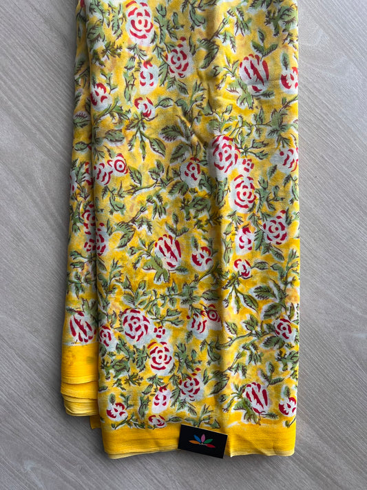 Bright Yellow Handblock Printed Georgette Saree - 33310-33311