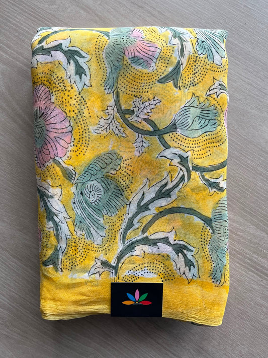 Bright Yellow Handblock Printed Georgette Saree - 33314-33315