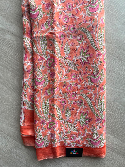 Coral Pink Handblock Printed Georgette Saree - 33322-33323