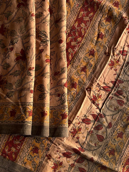 Natural Dye Kalamkari Hand Block Printed Handspun Cotton Saree -23341