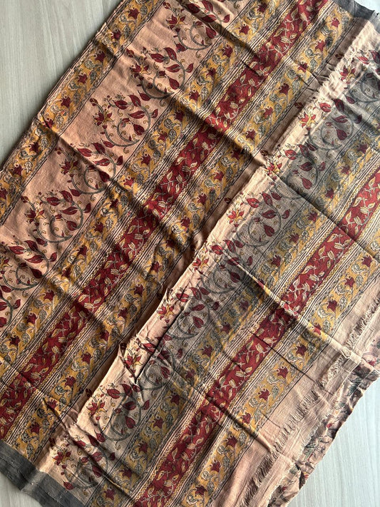 Natural Dye Kalamkari Hand Block Printed Handspun Cotton Saree -23341