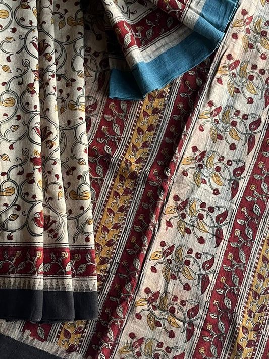 Natural Dye Kalamkari Hand Block Printed Handspun Cotton Saree - 23342