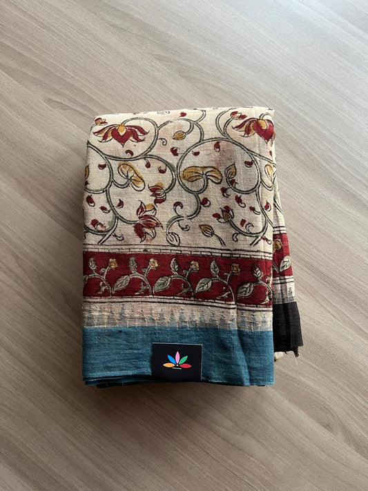 Natural Dye Kalamkari Hand Block Printed Handspun Cotton Saree - 23342