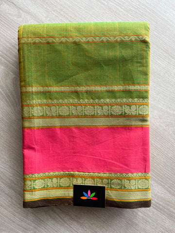 Double Tone (Olive Green/Golden Yellow) Handwoven Veldhari Kanchi Cotton Saree -10745