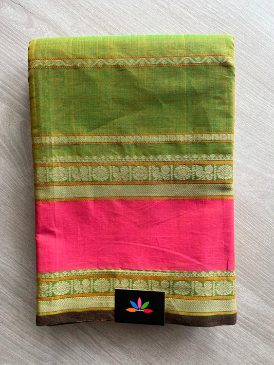 Double Tone (Olive Green/Golden Yellow) Handwoven Veldhari Kanchi Cotton Saree -10745