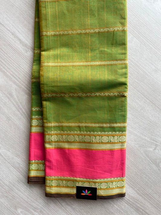 Double Tone (Olive Green/Golden Yellow) Handwoven Veldhari Kanchi Cotton Saree -10745