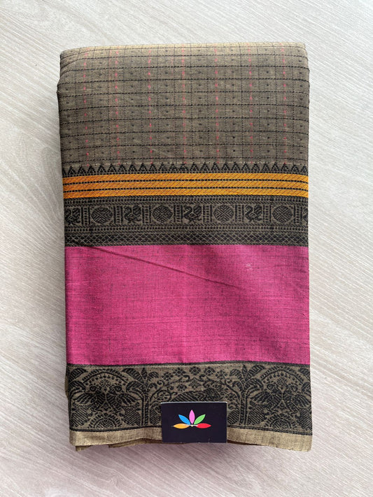 Double Tone (Black/Beige) Handwoven Kanchi Cotton Saree -14032