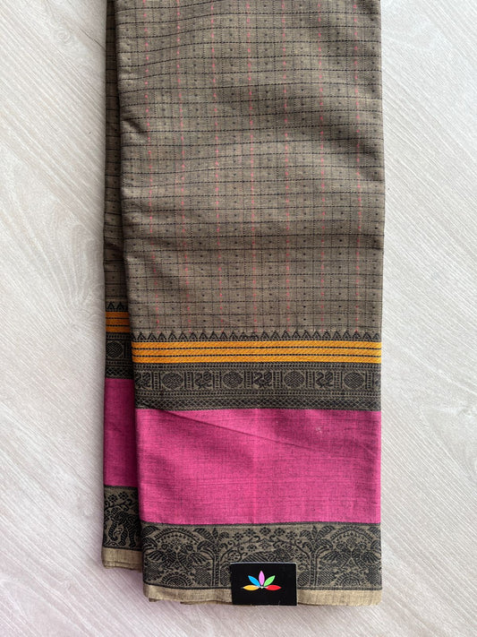 Double Tone (Black/Beige) Handwoven Kanchi Cotton Saree -14032