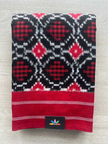 Deep Black & Red Handloom Telia Rumal ikkat Cotton Saree - 29238