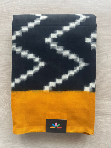Black & Mustard Yellow Handloom Double Ikkat Cotton Saree - 29241