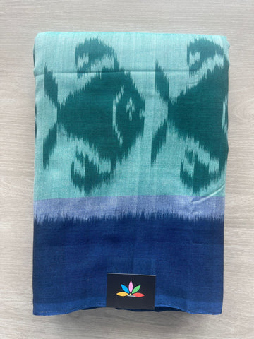 Teal Green & Navy Blue Fish Border Handloom Pochamapally Ikkat Cotton Saree - 29243
