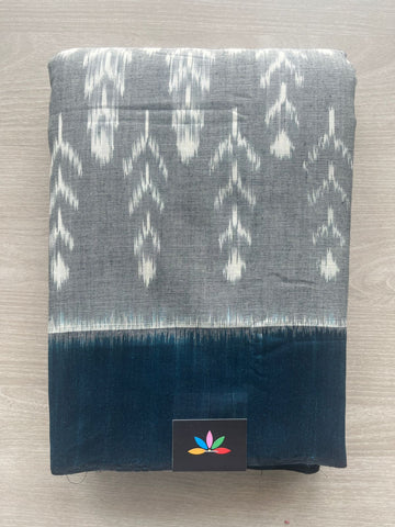 Gray & Deep Teal Blue Handloom Pochamapally Ikkat Cotton Saree - 29244