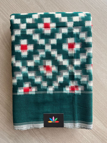 Deep Sea Green Handloom Double Ikkat Cotton Saree - 31765