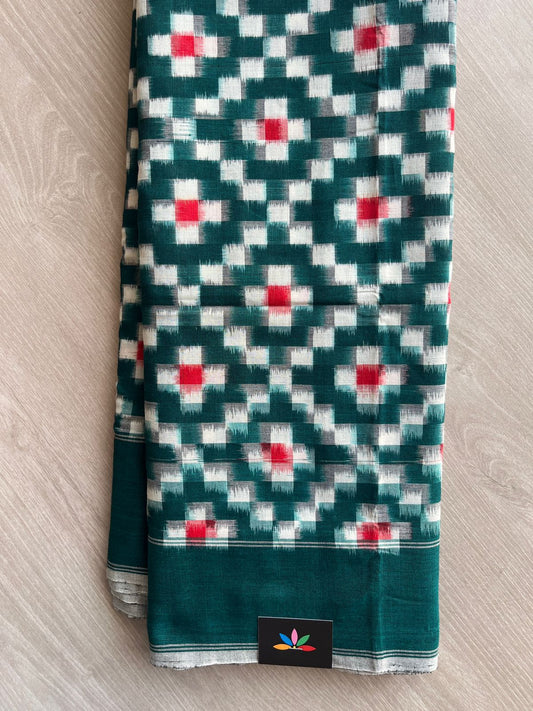 Deep Sea Green Handloom Double Ikkat Cotton Saree - 31765