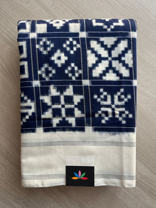 Midnight Blue 12 Motif Handwoven Telia Rumal ikkat Cotton Saree - 31767