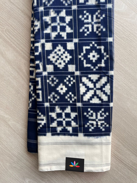 Midnight Blue 12 Motif Handwoven Telia Rumal ikkat Cotton Saree - 31767