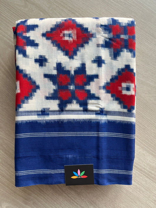 White Handwoven Telia Rumal ikkat Cotton Saree - 31772