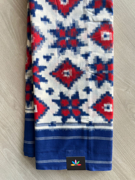 White Handwoven Telia Rumal ikkat Cotton Saree - 31772