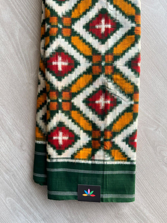 Dark Green Handwoven Telia Rumal ikkat Cotton Saree - 32240