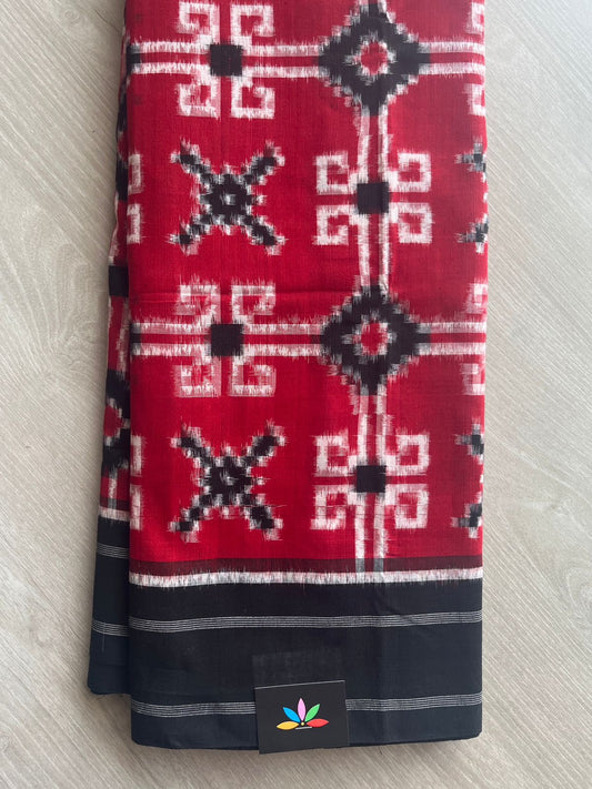Dark Red & Black Handloom Telia Rumal ikkat Cotton Saree - 32229