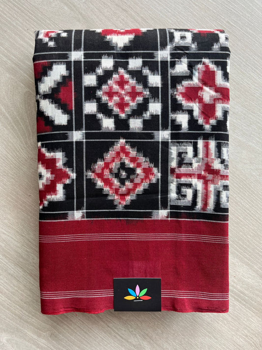 Black & Maroon 18 Motif Handwoven Telia Rumal ikkat Cotton Saree - 32230