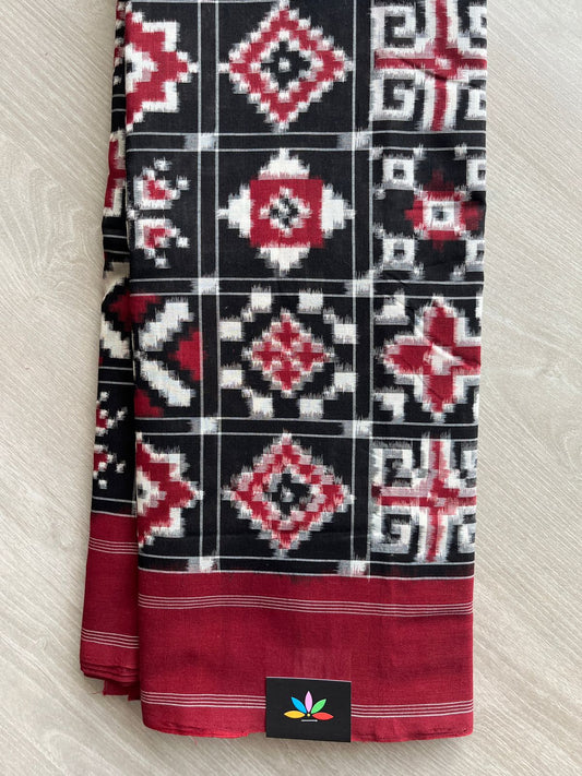 Black & Maroon 18 Motif Handwoven Telia Rumal ikkat Cotton Saree - 32230