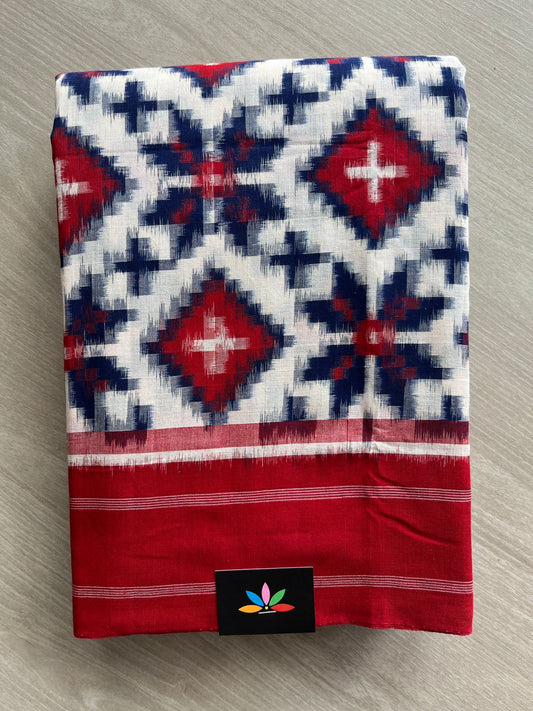 Off-White & Crimson Red Handloom Telia Rumal ikkat Cotton Saree - 32233