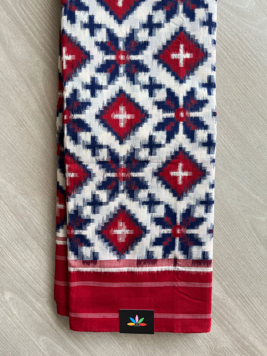 Off-White & Crimson Red Handloom Telia Rumal ikkat Cotton Saree - 32233