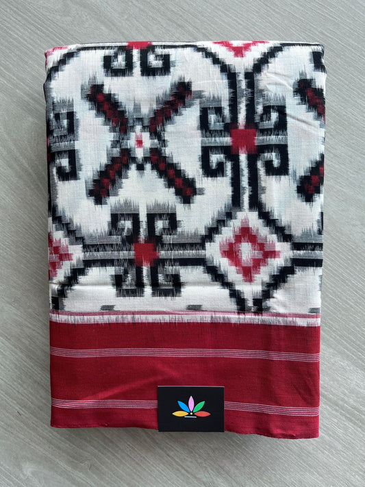 White & Crimson Red Handloom Telia Rumal ikkat Cotton Saree - 32235