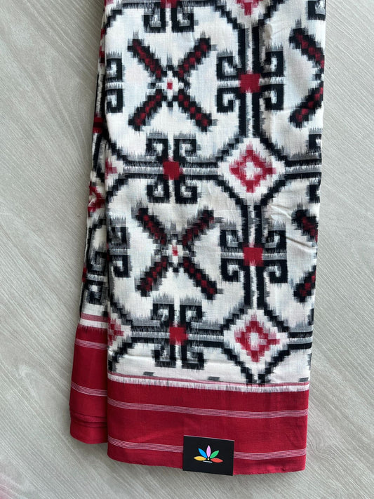 White & Crimson Red Handloom Telia Rumal ikkat Cotton Saree - 32235
